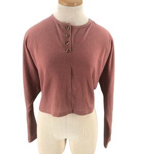Mimi Chica Womens Sweater Medium Brick Henley Cropped Long Sleeve Waffle Knit